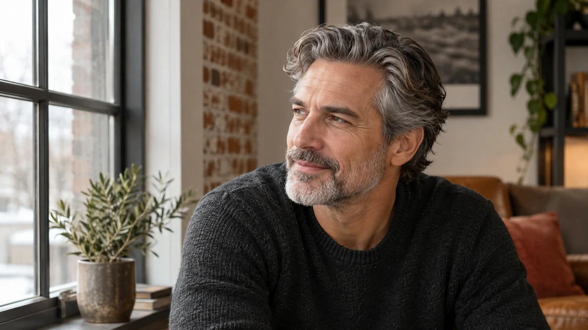 Homme aux cheveux poivre et sel observant une finition naturelle au miroir