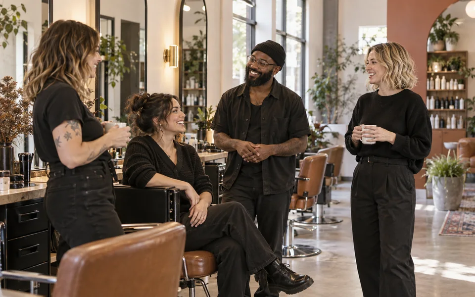 Équipe de coiffure réunie dans un salon contemporain