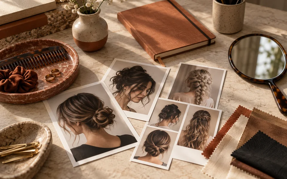 Références de coiffure organisées sur une table éditoriale