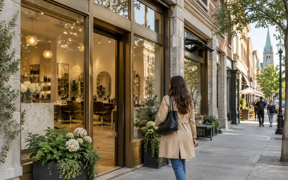 Entrée accueillante d’un salon de coiffure dans un quartier urbain