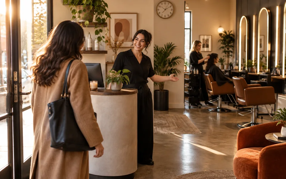 Visiteuse accueillie à la réception d’un salon de coiffure
